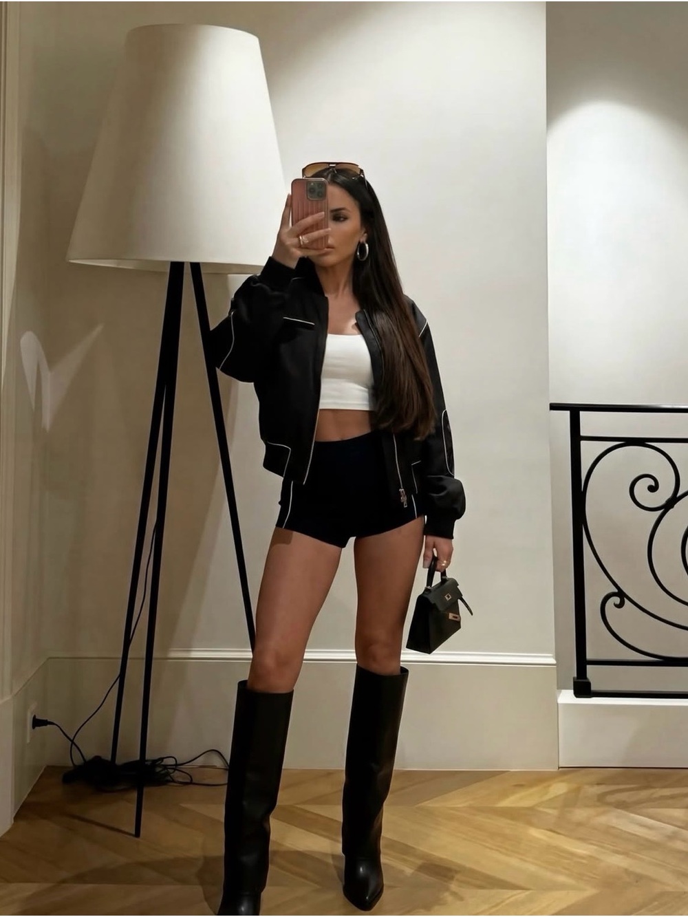 Black Cropped Bomber Jacket and shorts set